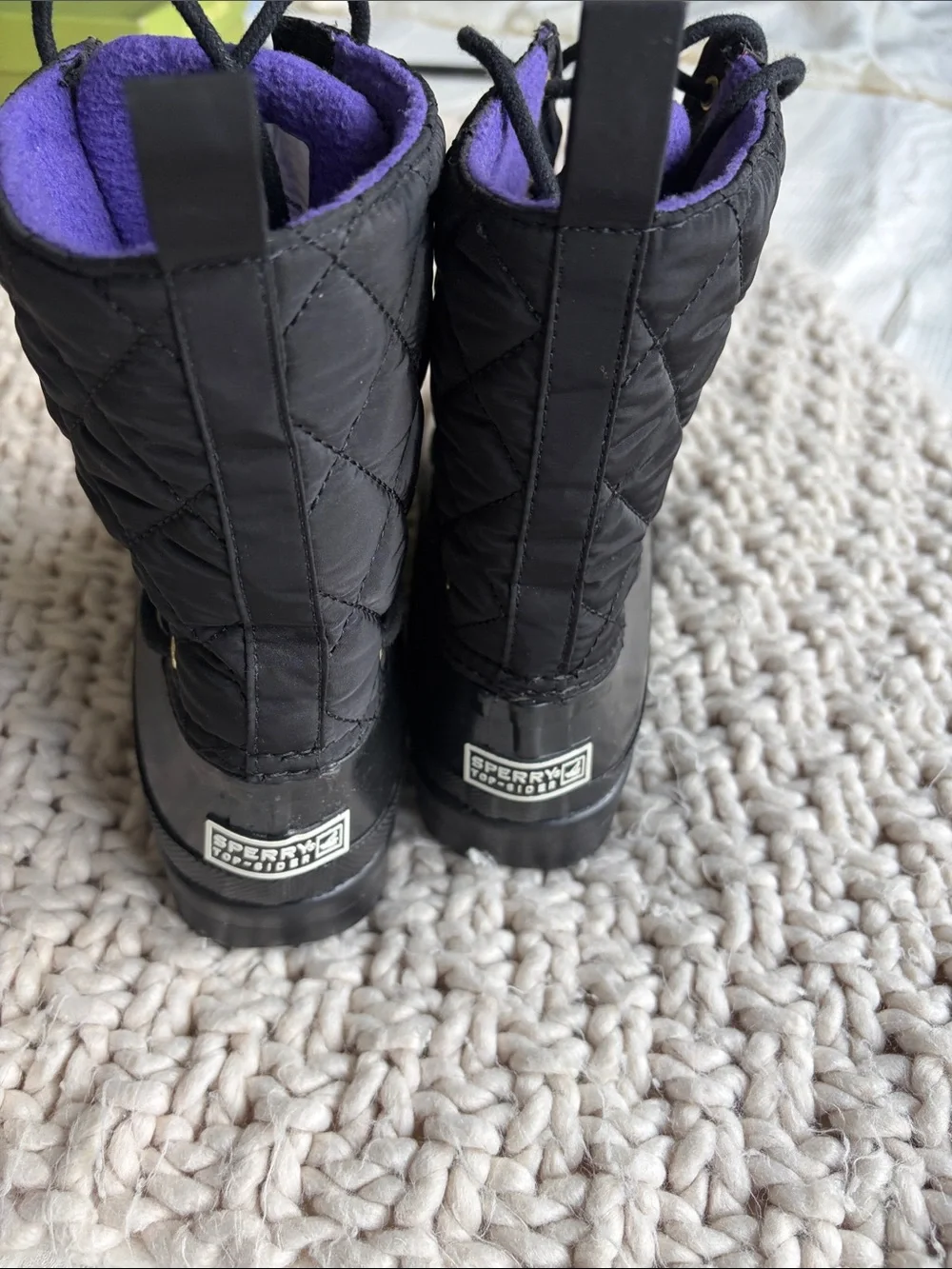 Sperry Black Waterproof Duck Boots with Purple Liner